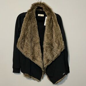 Hollister California Black Faux Fur Cardigan Sweater XS New NWT
